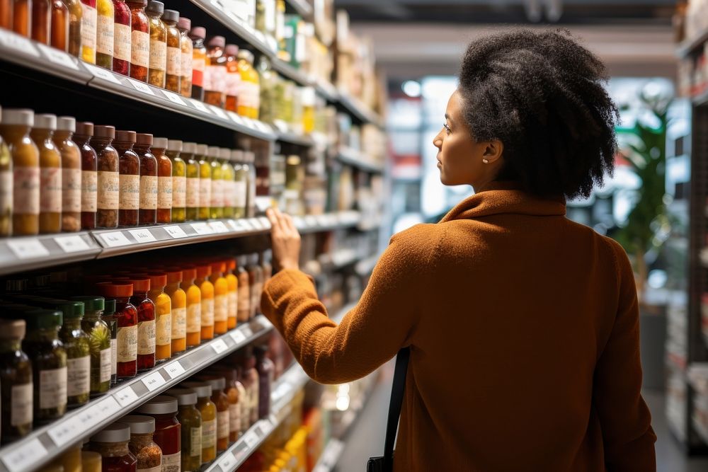 Consumer browsing supermarket shelves.